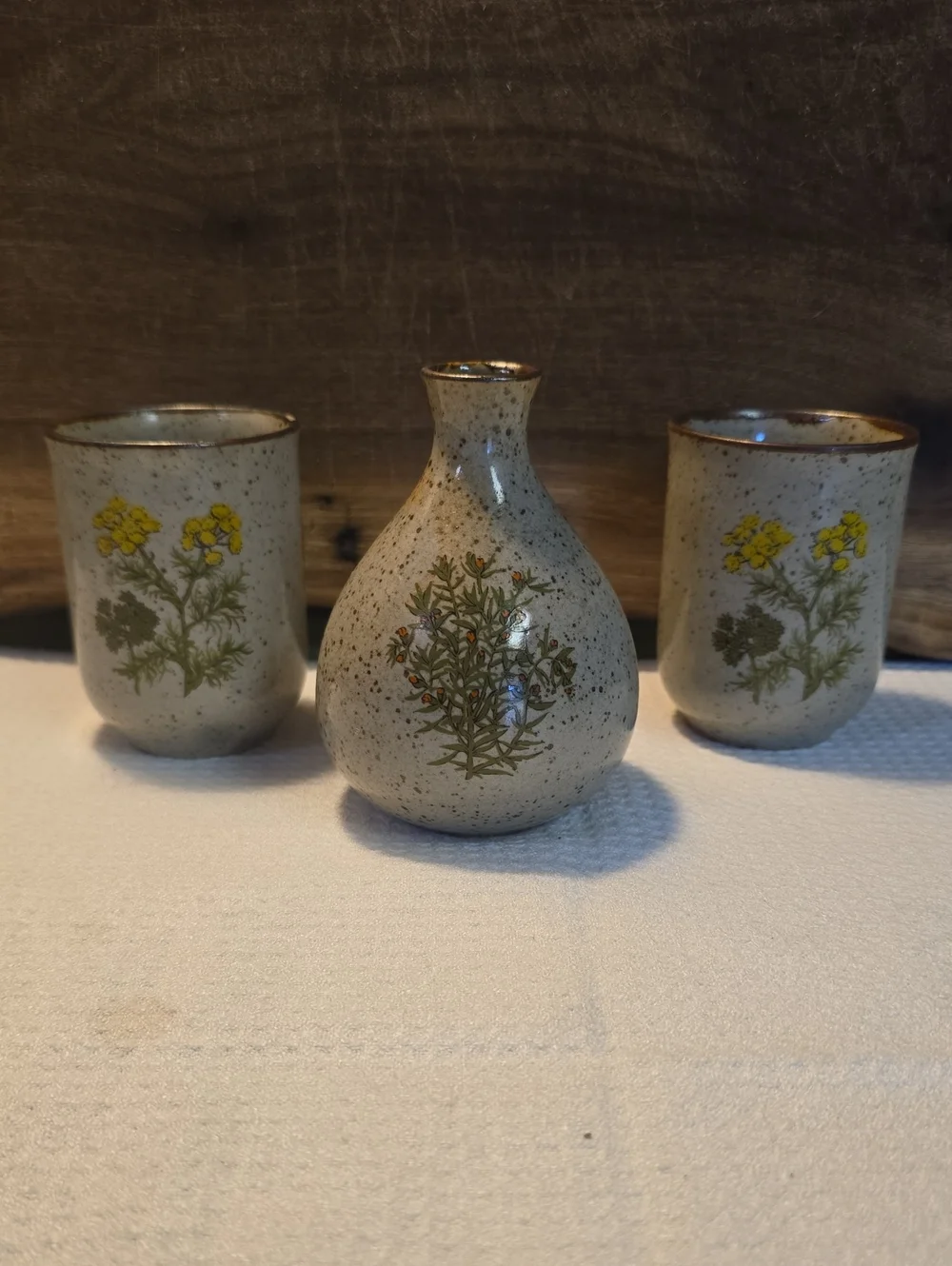 Takahashi Speckled Ceramic Bud Vase & Cup Set, Tiny Flower Herb Details